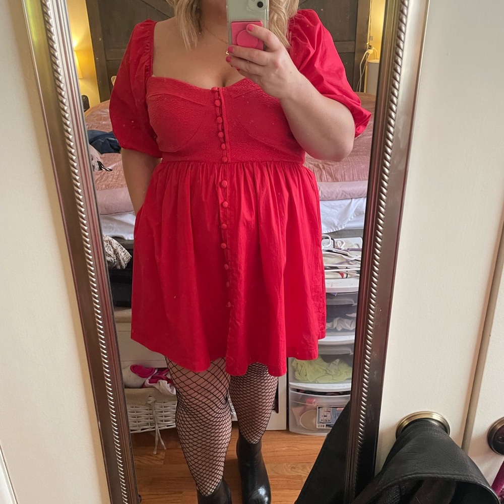 Anthropologie Stunning red puff sleeve mini dress